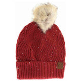 Sequin Brioche Cable Knit Fur Pom C.C Beanie