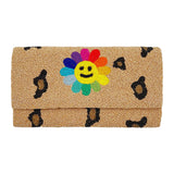 Smile Flower Accented Leopard Patterned Seed Beaded Clutch / Crossbody Bag