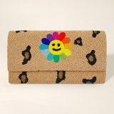 Smile Flower Accented Leopard Patterned Seed Beaded Clutch / Crossbody Bag