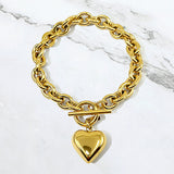 Stainless Steel Puffy Heart Charm Toggle Bracelet