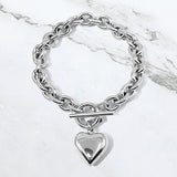 Stainless Steel Puffy Heart Charm Toggle Bracelet