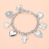 Metal Heart Pearl Clover Cross Charm Station Bracelet