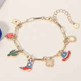 Enamel American USA Flag Western Cowboy Boot Hat cactus Heart Horseshoe Quatrefoil Charm Station Bracelet