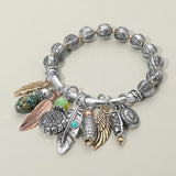 Boho Leaf Feather Wing Beads Charm Beaded Stretch Bracelet