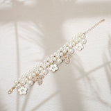 Rhinestone Pave Leaf Flower Charm Pearl Beaded Bracelet