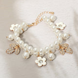 Rhinestone Pave Leaf Flower Charm Pearl Beaded Bracelet