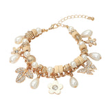 Rhinestone Pave Leaf Flower Pearl Charm Wooden Beaded Bracelet