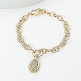 14K Gold Plate CZ Pave Teardrop Charm Mariner Link Chain Bracelet