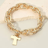 Women's Metal Cross Charm Chunky Chain Link Stretch Bracelet