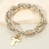 Women's Metal Cross Charm Chunky Chain Link Stretch Bracelet