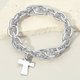 Women's Metal Cross Charm Chunky Chain Link Stretch Bracelet
