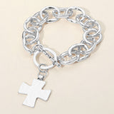 Hammered Metal Cross Charm Chunky Chain Toggle Bracelet