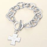 Hammered Metal Cross Charm Chunky Chain Toggle Bracelet