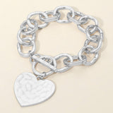 Hammered Metal Heart Charm Chunky Chain Toggle Bracelet