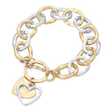 Hammered Layered Heart Charm Chunky Chain Toggle Bracelet