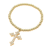Stainless Steel CZ Cross Charm Beaded Stretch Bracelet