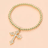 Stainless Steel CZ Cross Charm Beaded Stretch Bracelet
