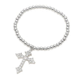Stainless Steel CZ Cross Charm Beaded Stretch Bracelet