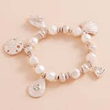Metal Shell Sand Dollar Pearl Starfish Charm Pearl Beaded Stretch Bracelet