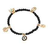 Evil Eye Clover Peace Elephant Hamsa Hand Charm Beaded Stretch Bracelet