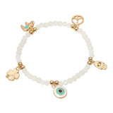 Evil Eye Clover Peace Elephant Hamsa Hand Charm Beaded Stretch Bracelet
