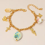 Vintage Floral Ceramic Charm Metal Angel Flower Stem Honey Bee Charm Station Bracelet