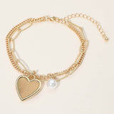 Heart Pearl Charm Paperclip Curb Layered Chain Bracelet