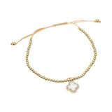 CZ Rim Mother of Pearl Quatrefoil Charm Beaded Adjustable Cinch Pull Tie Bracelet