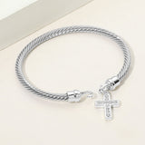 Rhodium Plated CZ Pave Cross Charm Cable Bangle Bracelet