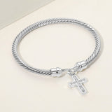 Rhodium Plated CZ Pave Cross Charm Cable Bangle Bracelet