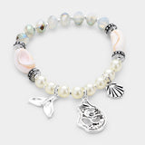 Mermaid and Shell Charm Pearl Bead Stretch Bracelet