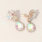 Flower Glass Crystal Teardrop Dangle Clip On Earrings