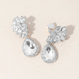Flower Glass Crystal Teardrop Dangle Clip On Earrings