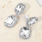 Elegant Rectangle Crystal Drop Dangle Evening Clip On Earrings