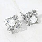 Pearl Center Rhinestone Pave Flower Clip On Earrings