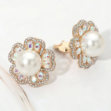 Pearl Center Rhinestone Embellished Floral Clip On Earrings