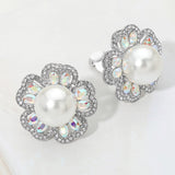 Pearl Center Rhinestone Embellished Floral Clip On Earrings