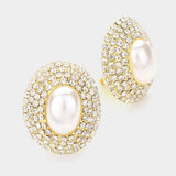 Oval Crystal Pearl Clip On Earrings
