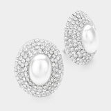 Oval Crystal Pearl Clip On Earrings