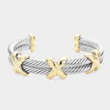 14K Gold Plated Two Tone Crisscross Pointed Double Twisted Metal Cuff Bracelet