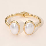 Oval Pearl Tip Accent Hinged Bangle Cuff Bracelet