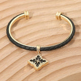 Floral Charm Accent Faux Leather Braided Cuff Bracelet