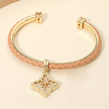 Floral Charm Accent Faux Leather Braided Cuff Bracelet