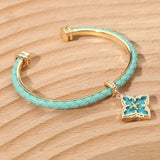 Floral Charm Accent Faux Leather Braided Cuff Bracelet