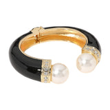 Gold Plated Pearl Tip Enamel Hinged Cuff Bracelet