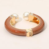 Gold Plated Pearl Tip Enamel Hinged Cuff Bracelet
