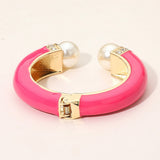 Gold Plated Pearl Tip Enamel Hinged Cuff Bracelet