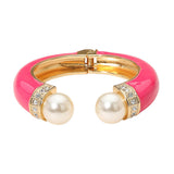 Gold Plated Pearl Tip Enamel Hinged Cuff Bracelet