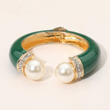 Gold Plated Pearl Tip Enamel Hinged Cuff Bracelet