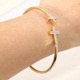 Stainless Steel Stone Paved Cross Tip Cuff Bracelet